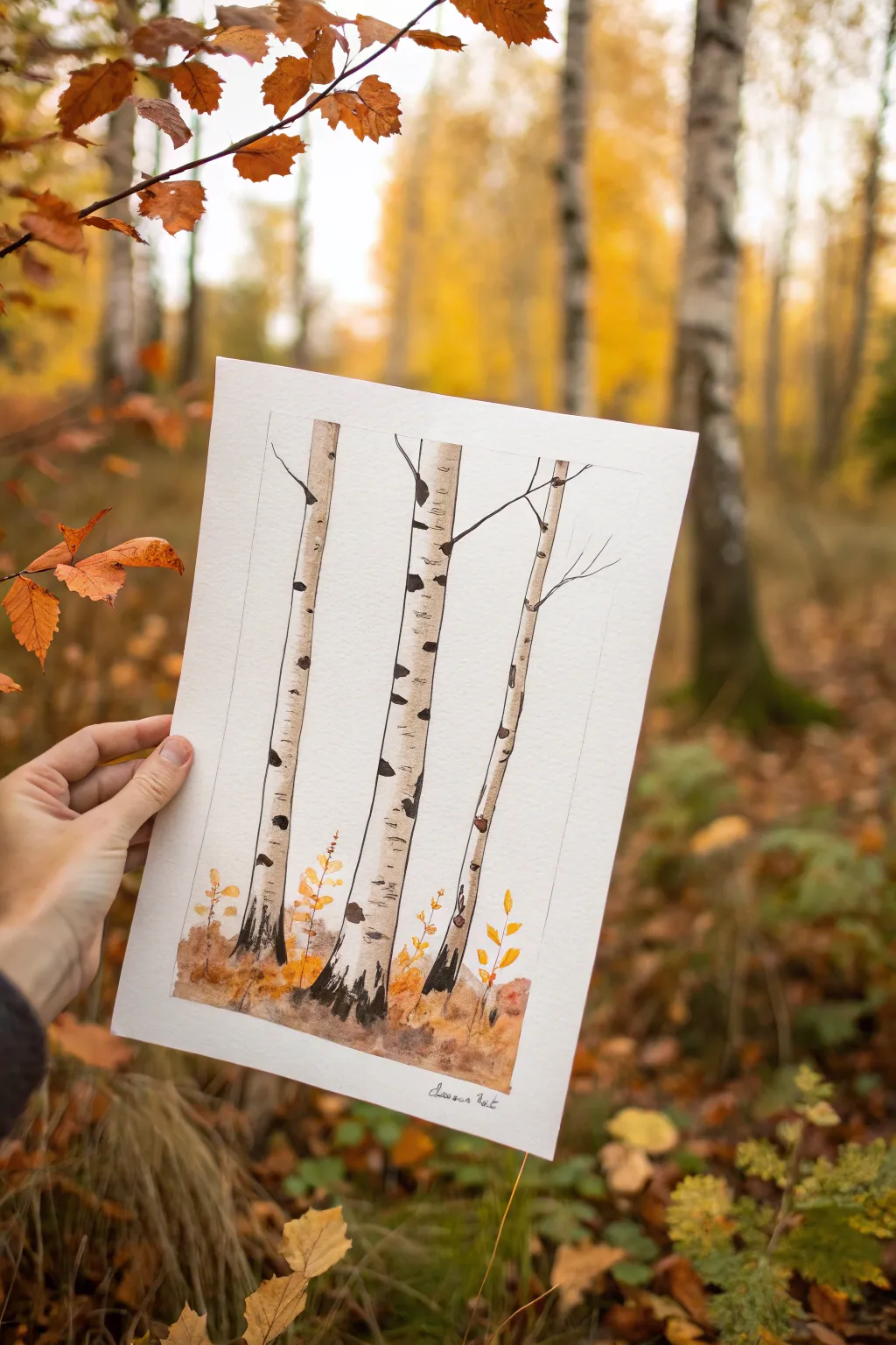 Minimal birch grove fingerpainting with smudged fall hues and dotted foliage for cozy autumn art