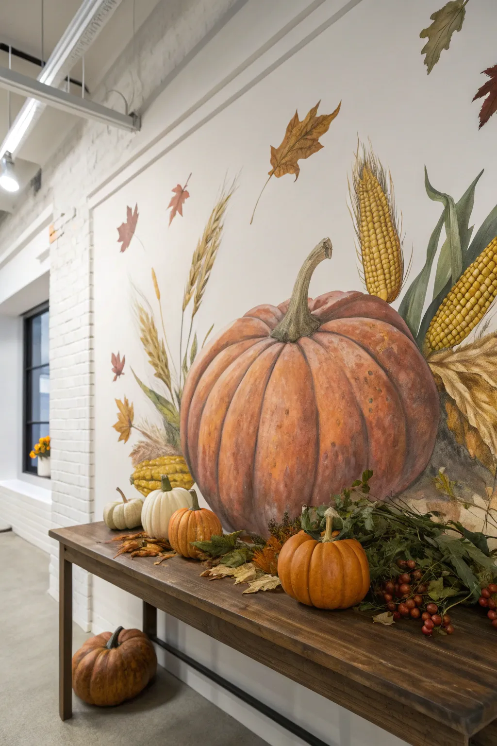Harvest still life mural in rich earthy tones, painterly pumpkins and gourds with clean contrast