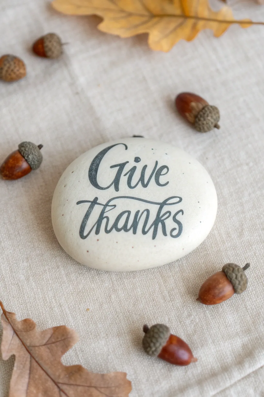 Minimalist fall rock painting: give thanks script with leaf border on a smooth river stone.