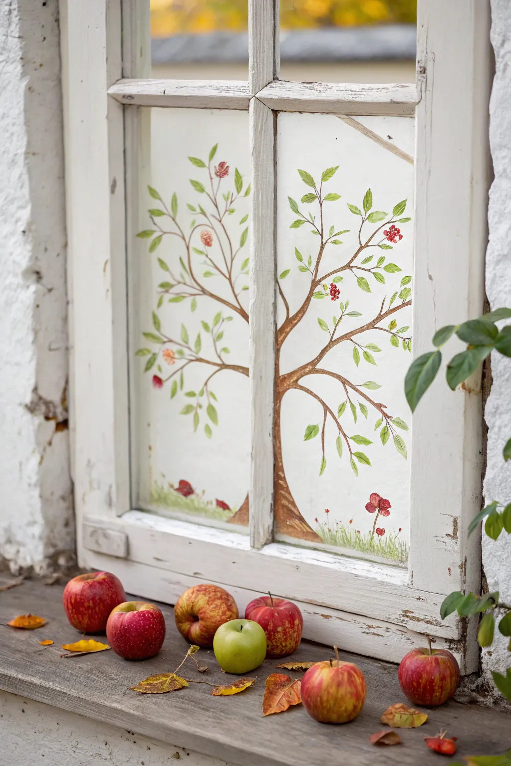 Orchard feel at home: a painted apple branch with falling apples and leaves for cozy fall windows
