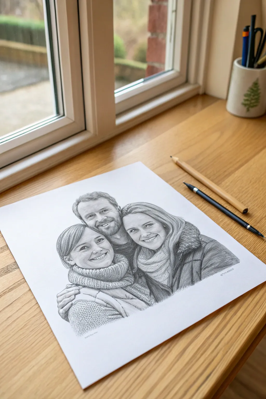 Faceless family portrait idea in graphite: rich hair and clothing shading, arms intertwined.