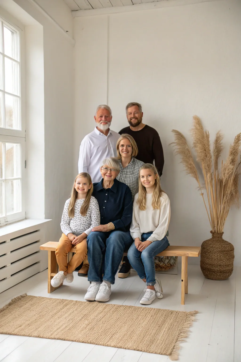 Layered multi-generational family portrait with every face visible, calm Nordic tones and contrast