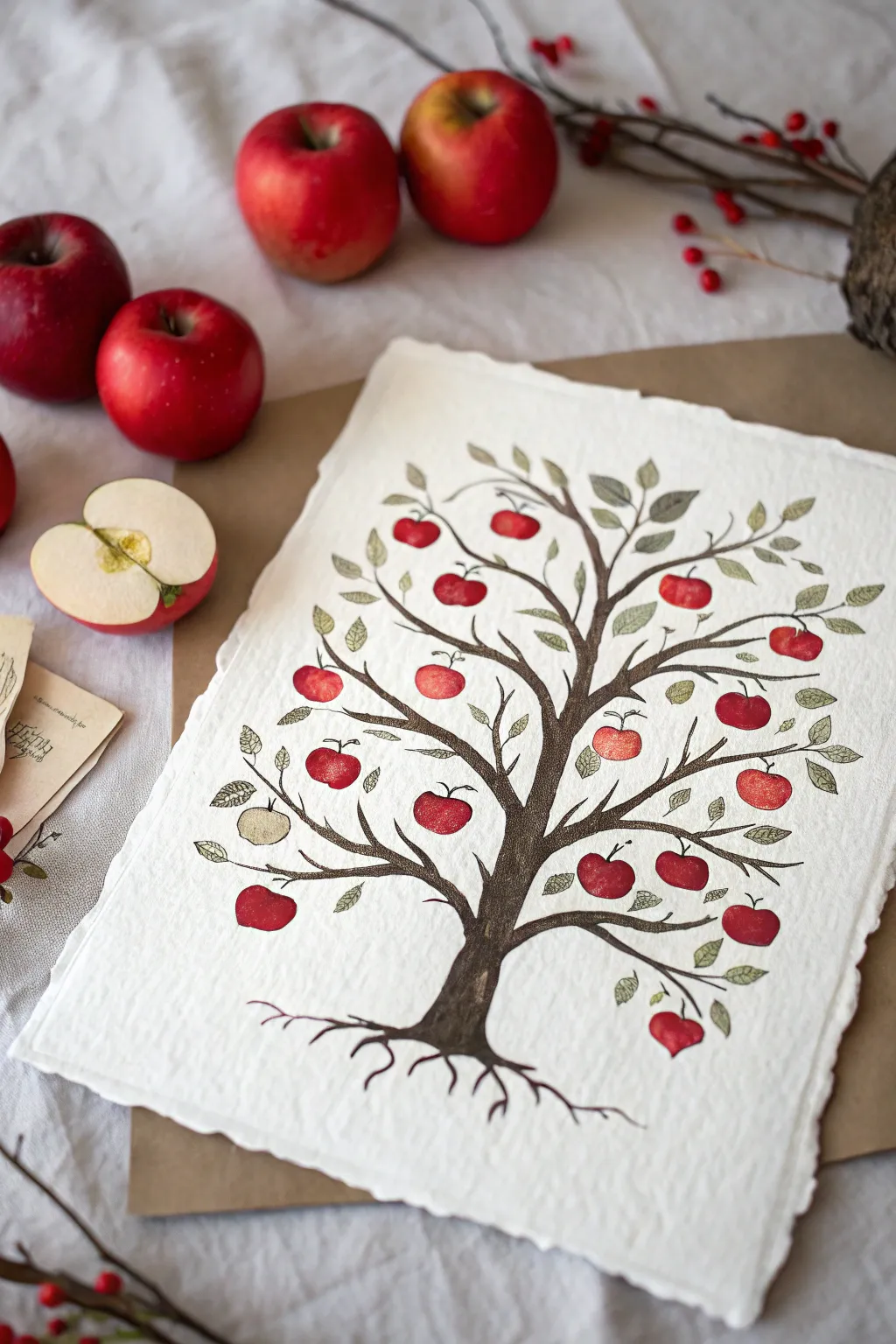 Minimal apple tree family tree drawing with blank name spaces inside each bright red fruit