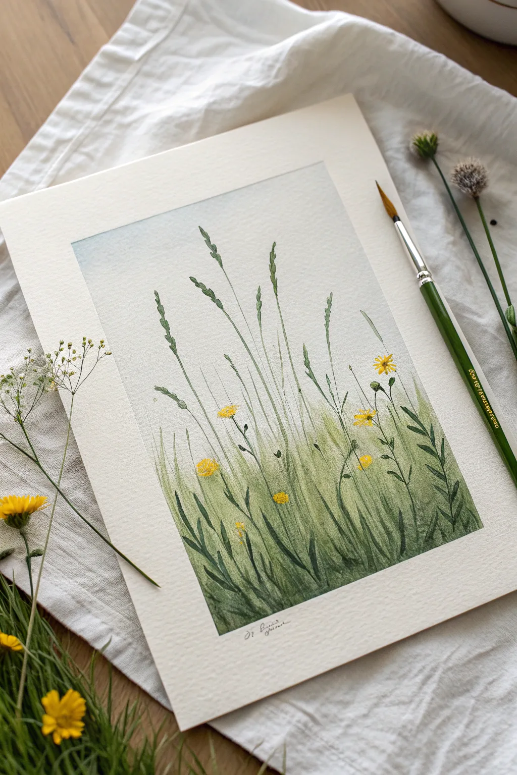 Wildflower meadow depth with fan-brush grass texture and soft dotted blooms, calm and beginner-friendly