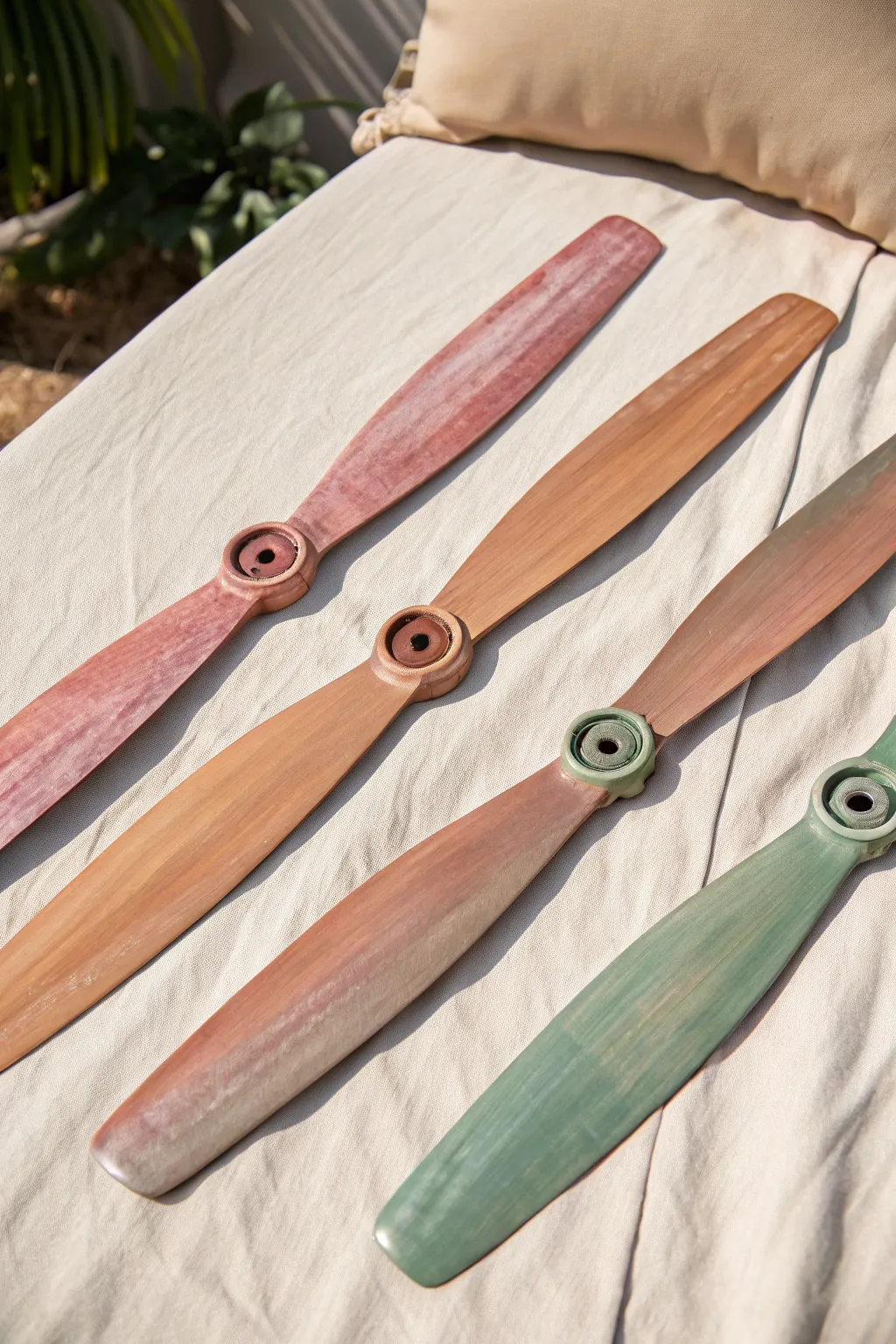 Soft ombre fan blade gradients in calm boho hues, photographed in clean daylight for smooth blends