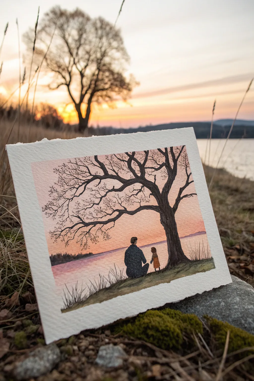 Minimalist boho watercolor: father and daughter under a tree in warm sunset glow