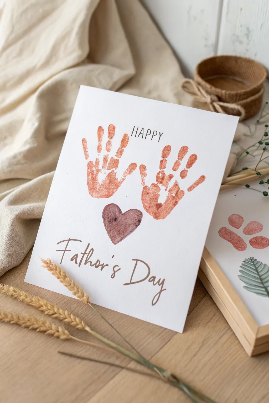 Minimal handprint hug card with heart centerpiece, a sweet DIY Fathers Day finger painting.