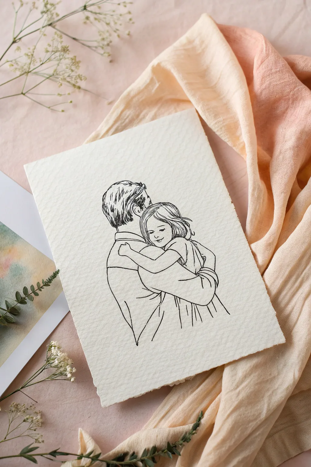 Simple father daughter hug line art over soft watercolor wash, a heartfelt Fathers Day idea