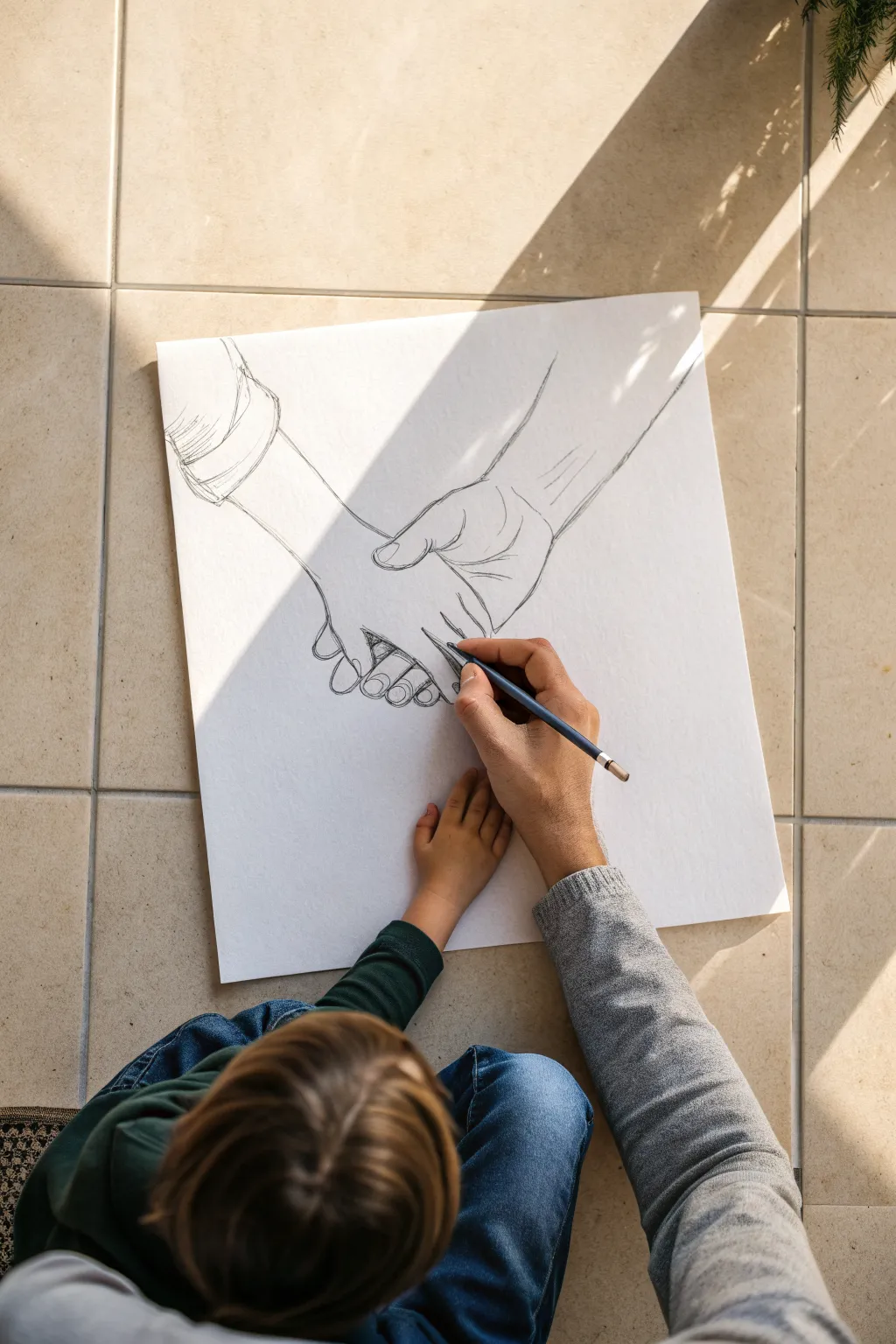 Minimal Father’s Day drawing idea: a big hand gently holding a little hand in soft pencil.
