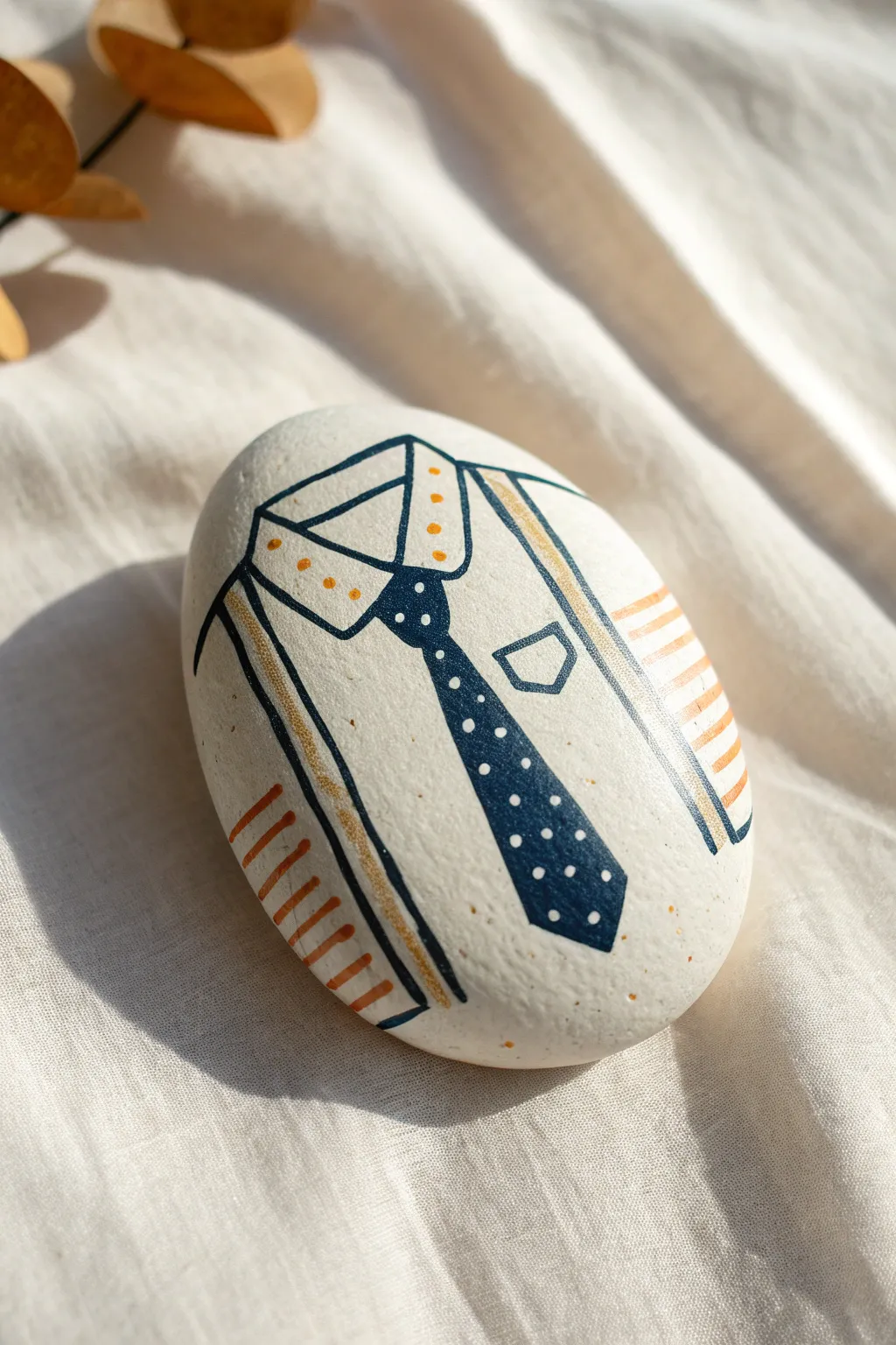 Scandinavian boho dad tie-and-collar rock painting idea with clean lines, soft neutrals, and contrast