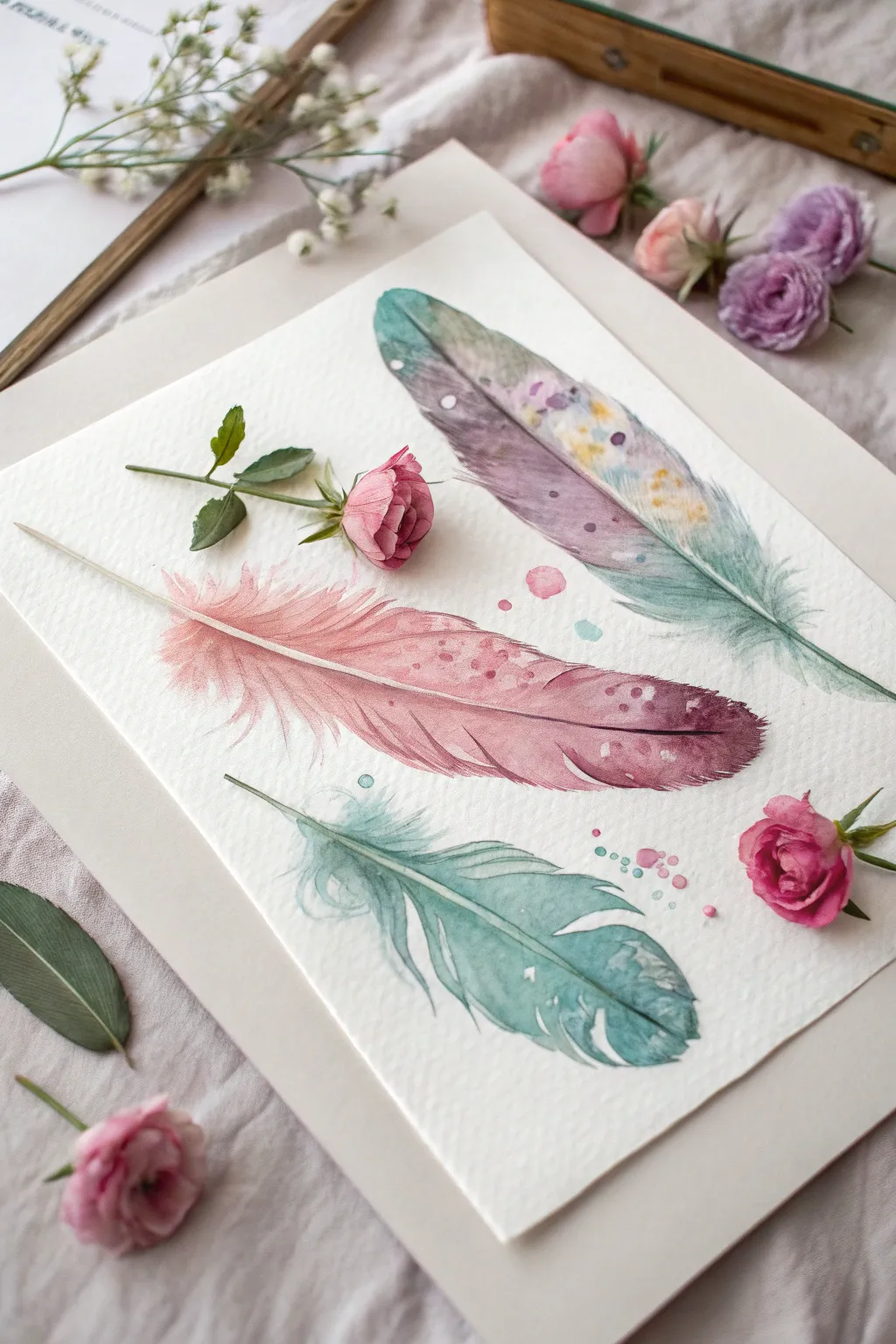 Loose watercolor feathers with dreamy blooms and dissolving edges, simple Scandinavian calm.