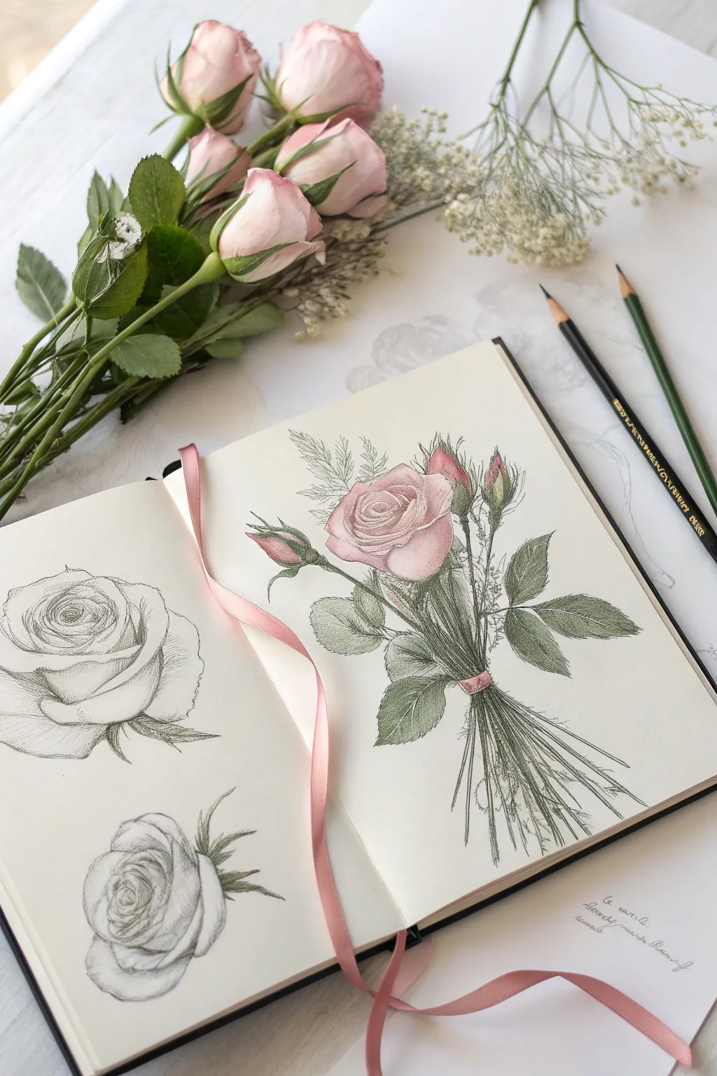 Rose sketch studies and a ribbon-tied bouquet for February romance drawing inspiration