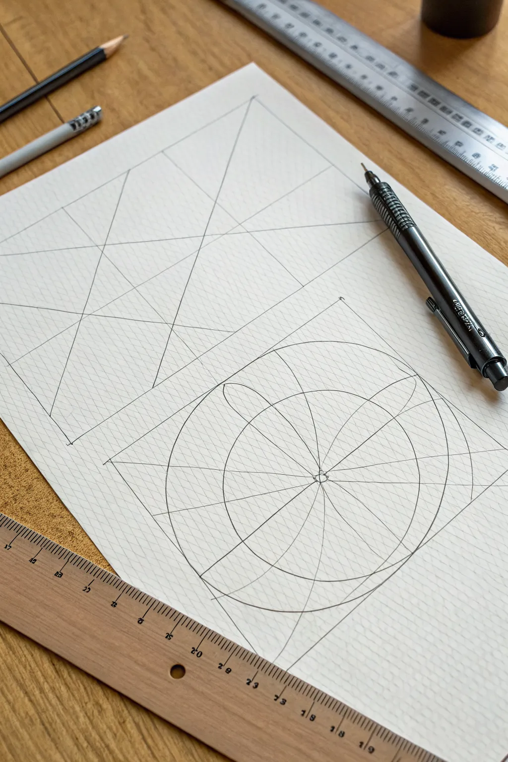 Hairline geometric line art on bright white paper with ruler detail, crisp minimalist calm