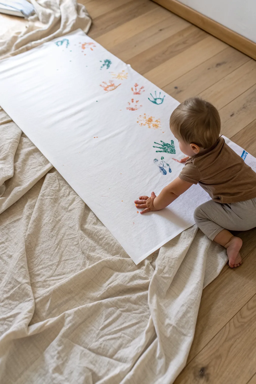 A big floor splash zone for baby finger painting, minimal setup with bold, joyful color swirls.