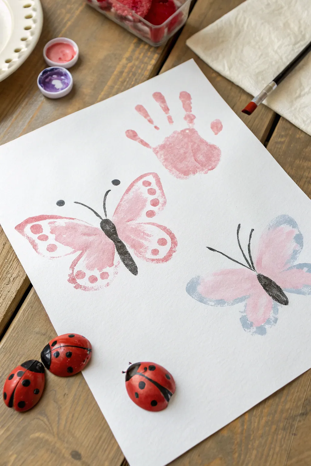 Handprint butterflies with sweet fingerprint ladybugs in soft pastels for an easy kids art moment