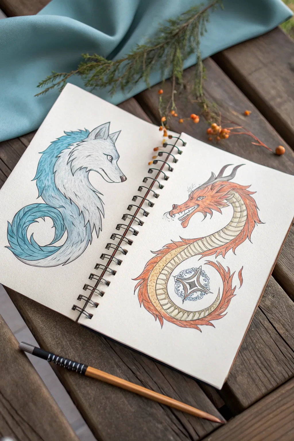 Elemental wolf and dragon drawing with icy mist and fiery heatwaves, minimalist boho
