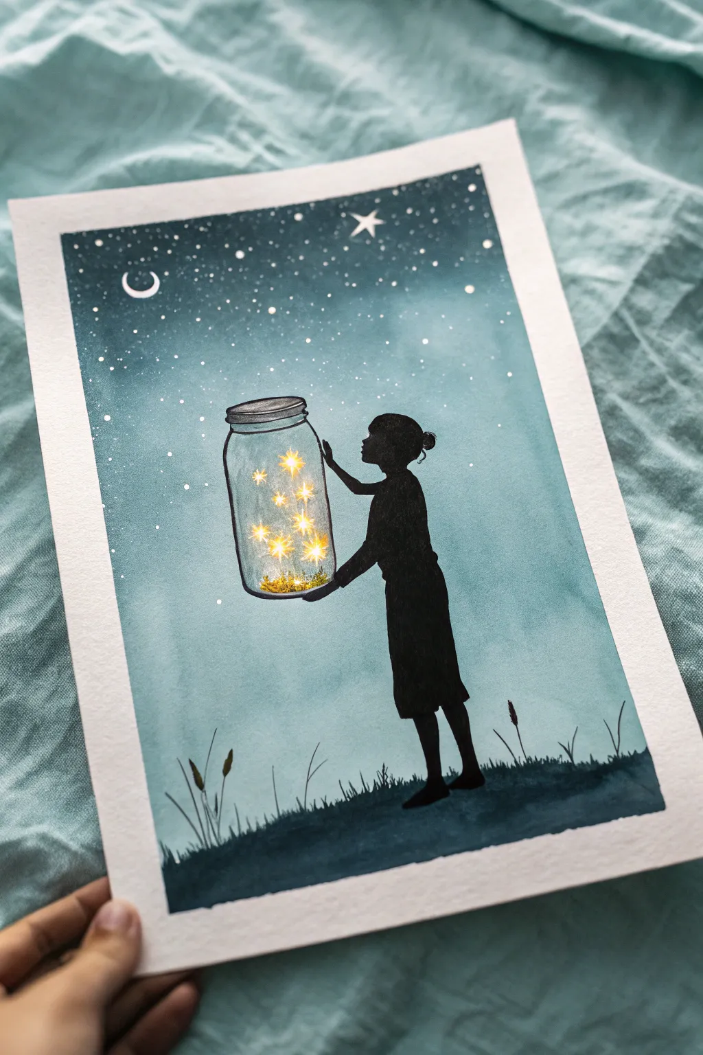 Silhouette holding a glowing firefly jar against a dreamy night gradient, minimal and soothing.