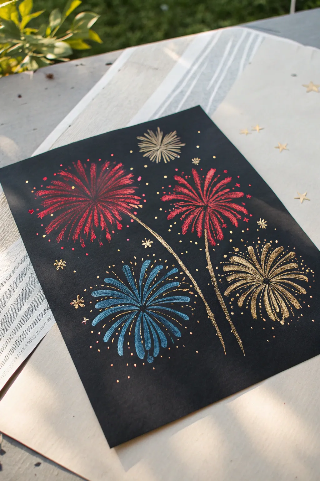 Paint dramatic splatter fireworks in red, blue, and gold popping against a deep black sky.