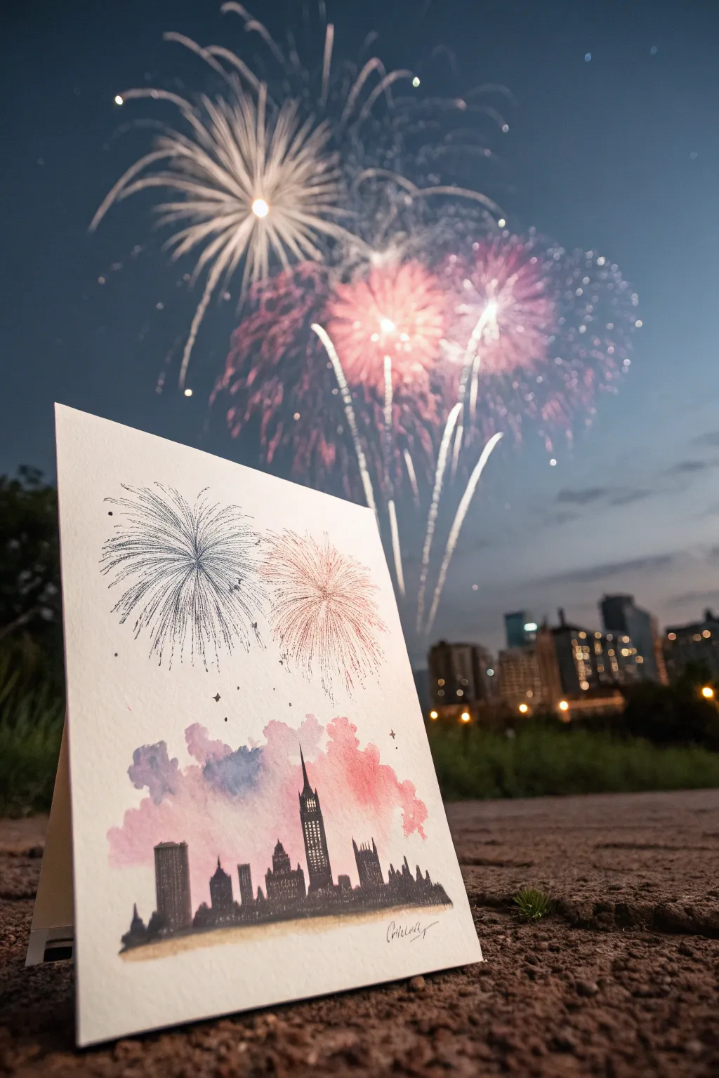 Minimal skyline with bold watercolor fireworks above it, a chic high-contrast drawing idea.
