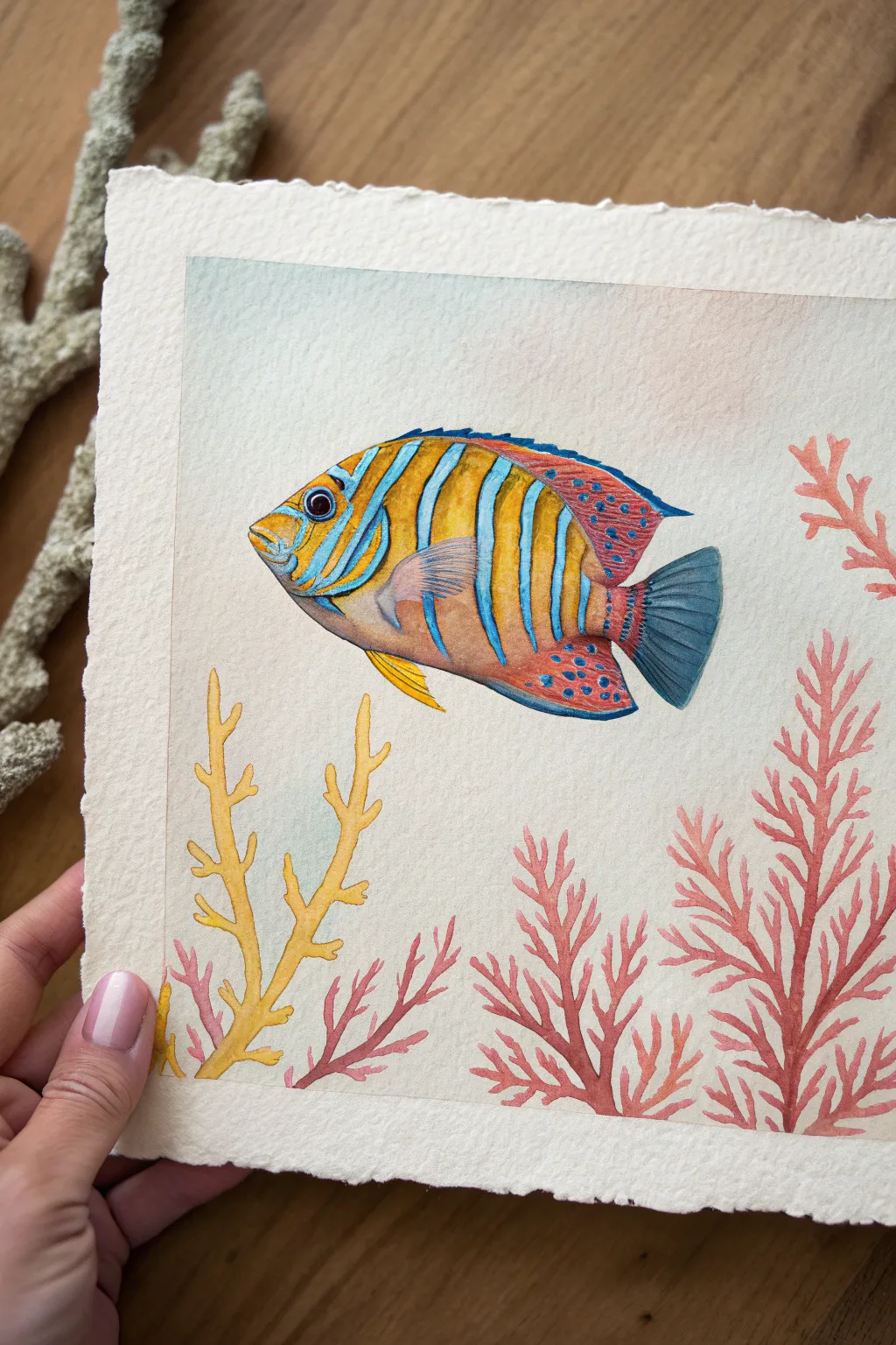 Bright patterned reef fish painting idea with minimalist coral shapes and high-contrast color play