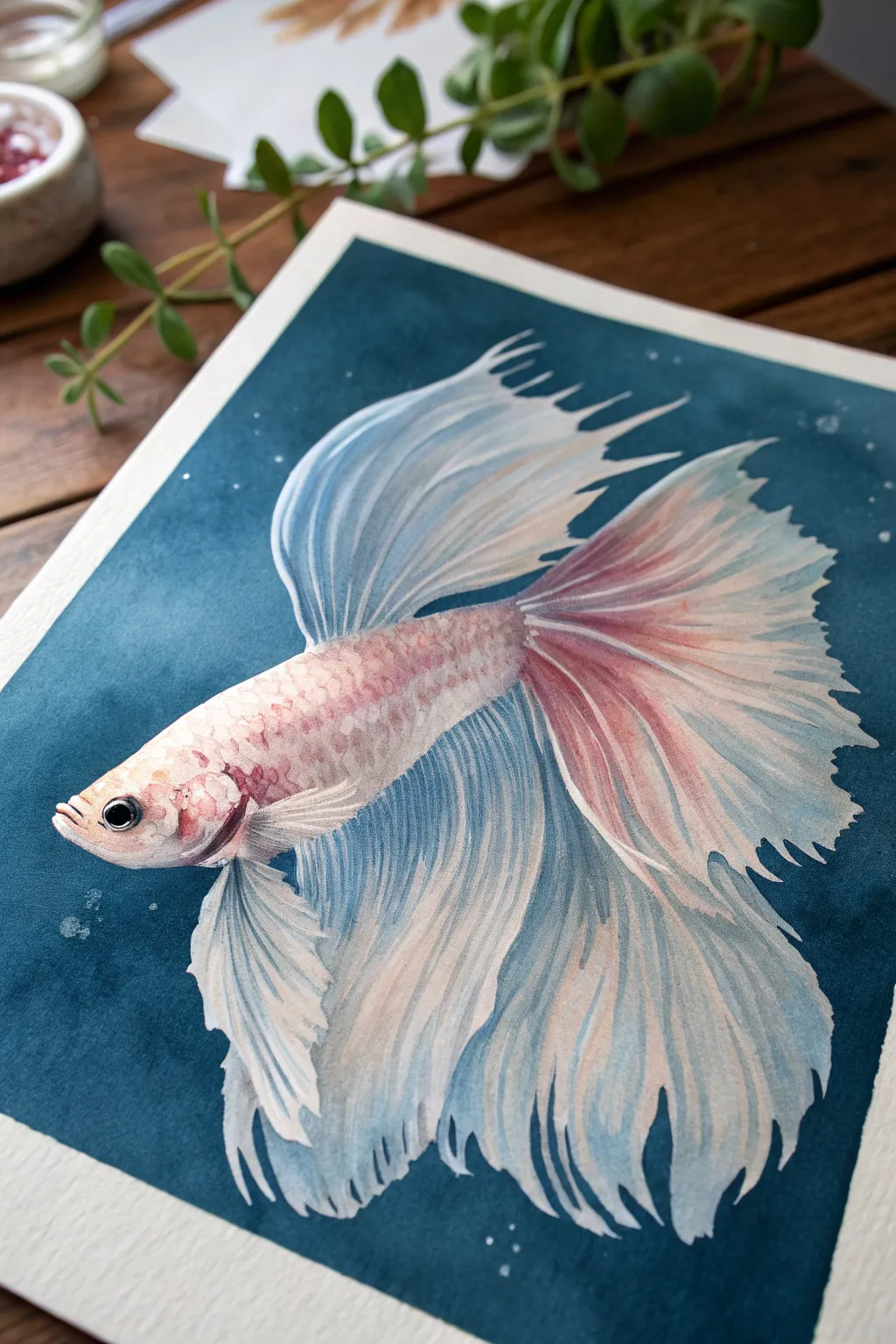 Betta fish flowing fins in translucent blues, minimalist watercolor contrast for calming wall art