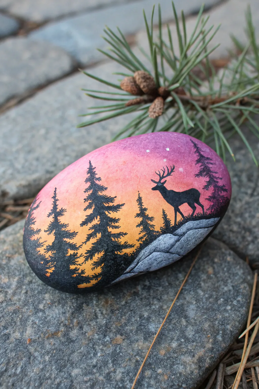 Warm sunset gradient rock with crisp black silhouette, minimalist boho style and high contrast