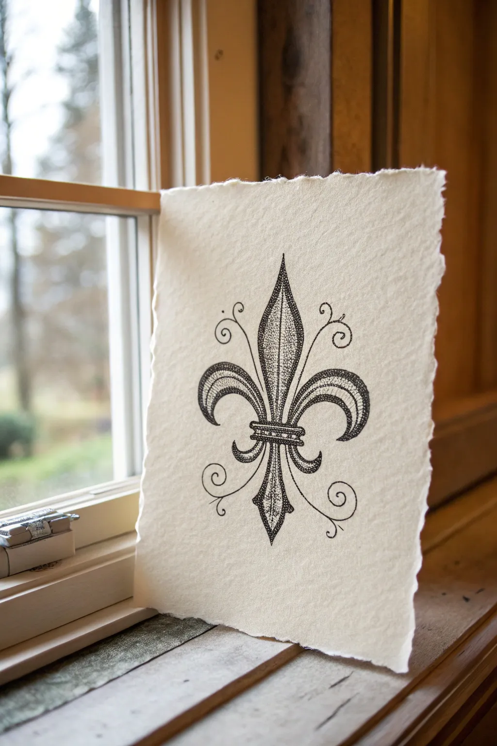 Minimal wrought-iron fleur de lis outline on a soft neutral wash, crisp and elegant.