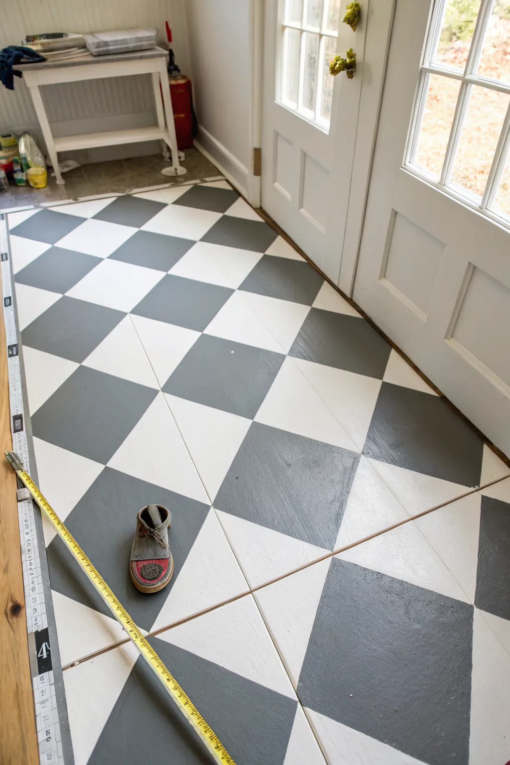 Modern harlequin diamonds for a mudroom floor, with chalk lines and tape for easy layout.