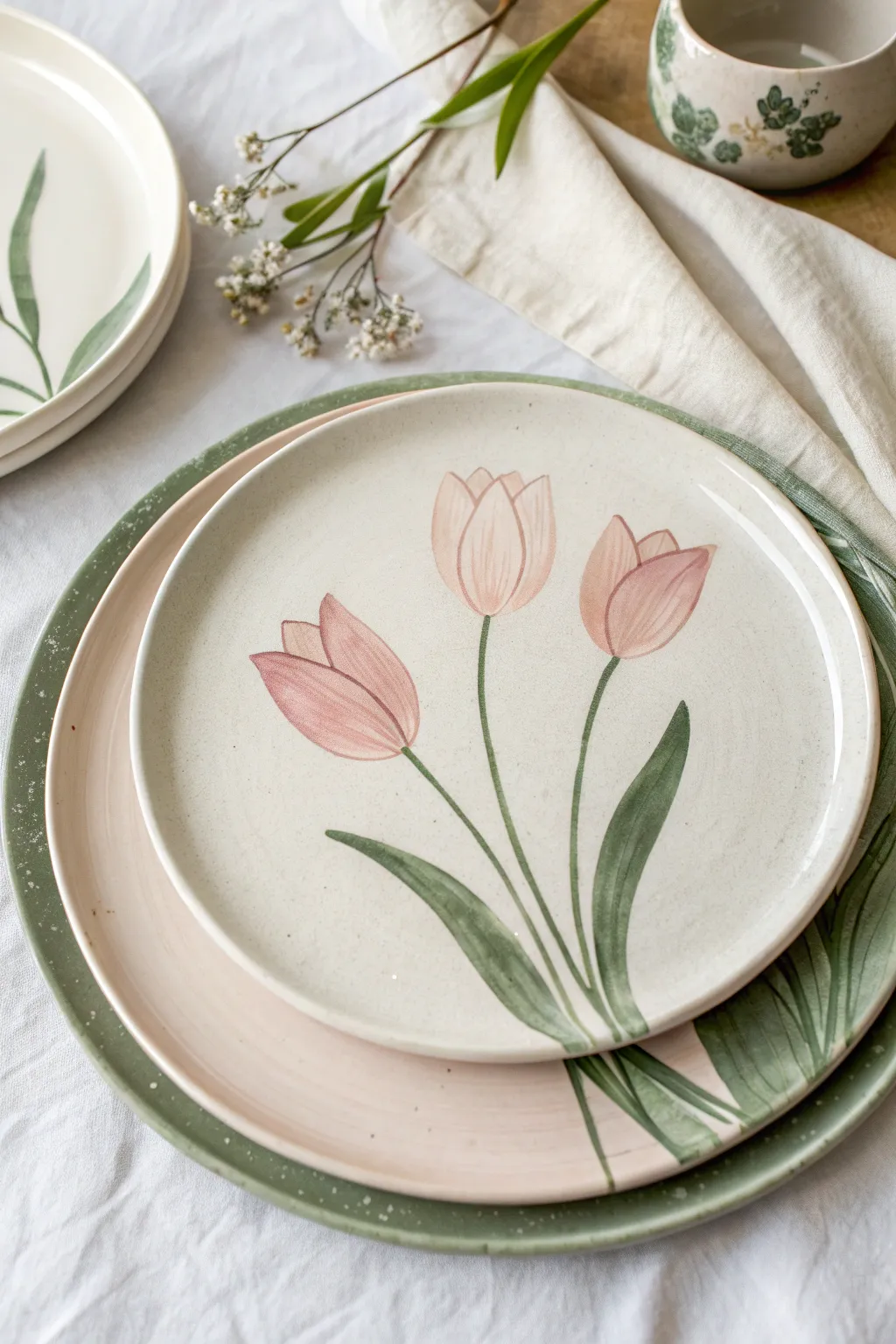 Minimal tulip trio on a clean white plate, long stems and a crisp Scandinavian palette