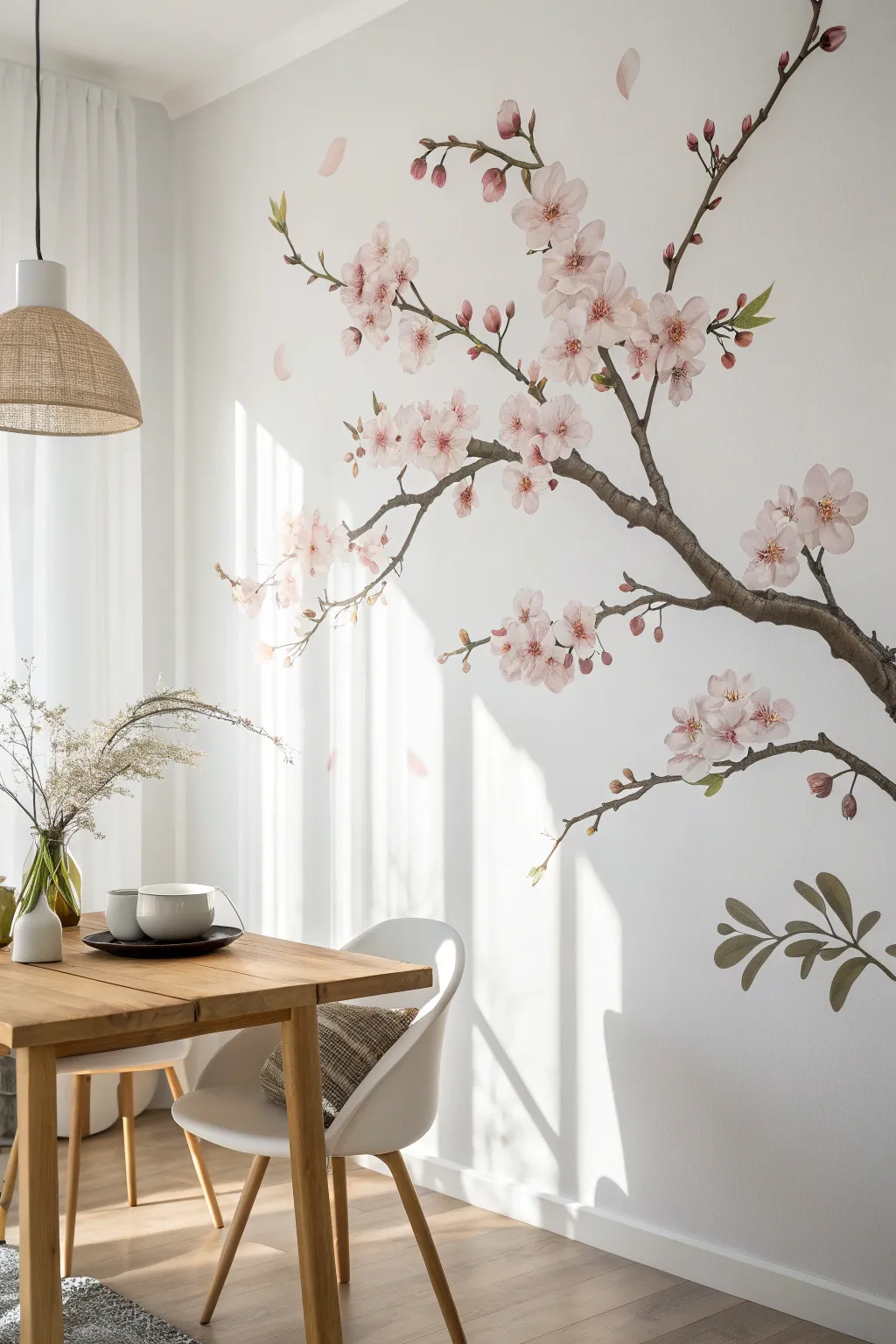 Airy cherry blossom branch mural sweeping across a calm dining wall, minimal and softly boho