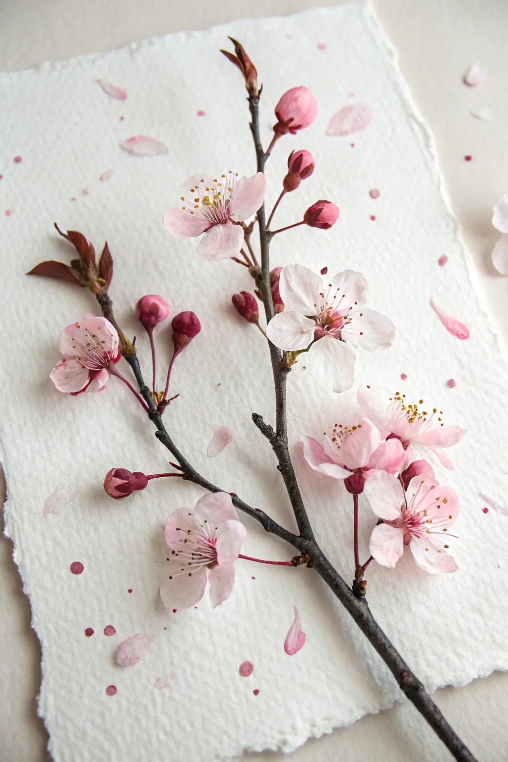Minimalist cherry blossom branch with airy pink washes and elegant dark linework