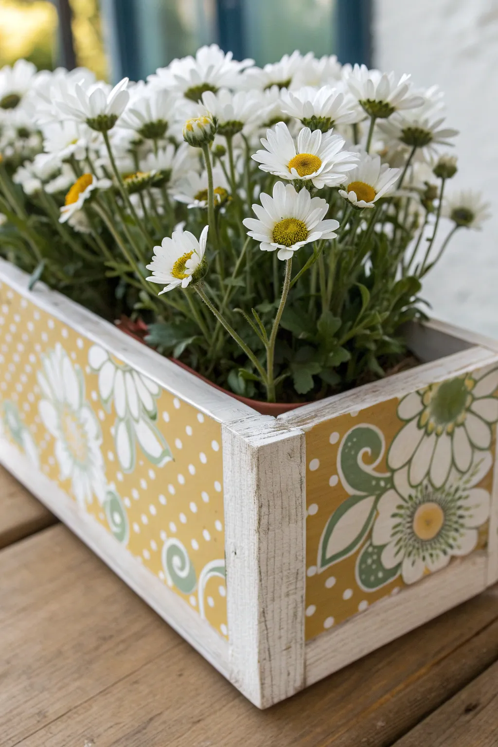 Easy daisy dot flower box front panel in a clean Scandinavian palette with a handmade touch