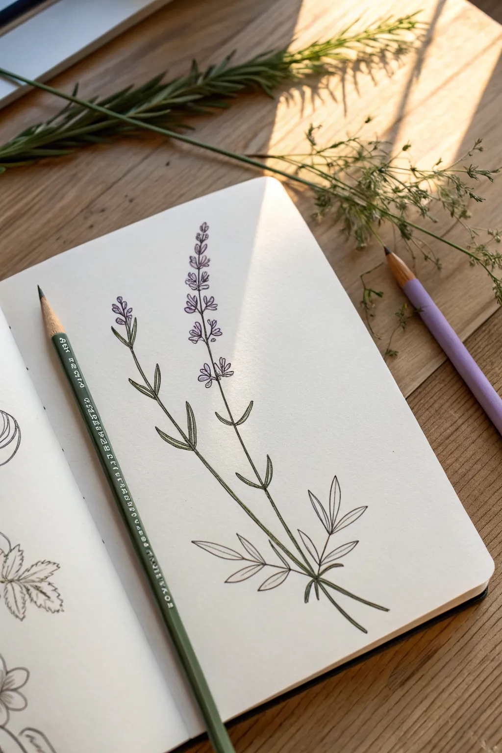 Tiny-oval lavender sprig doodle with soft purple shading, simple and calming for your sketchbook