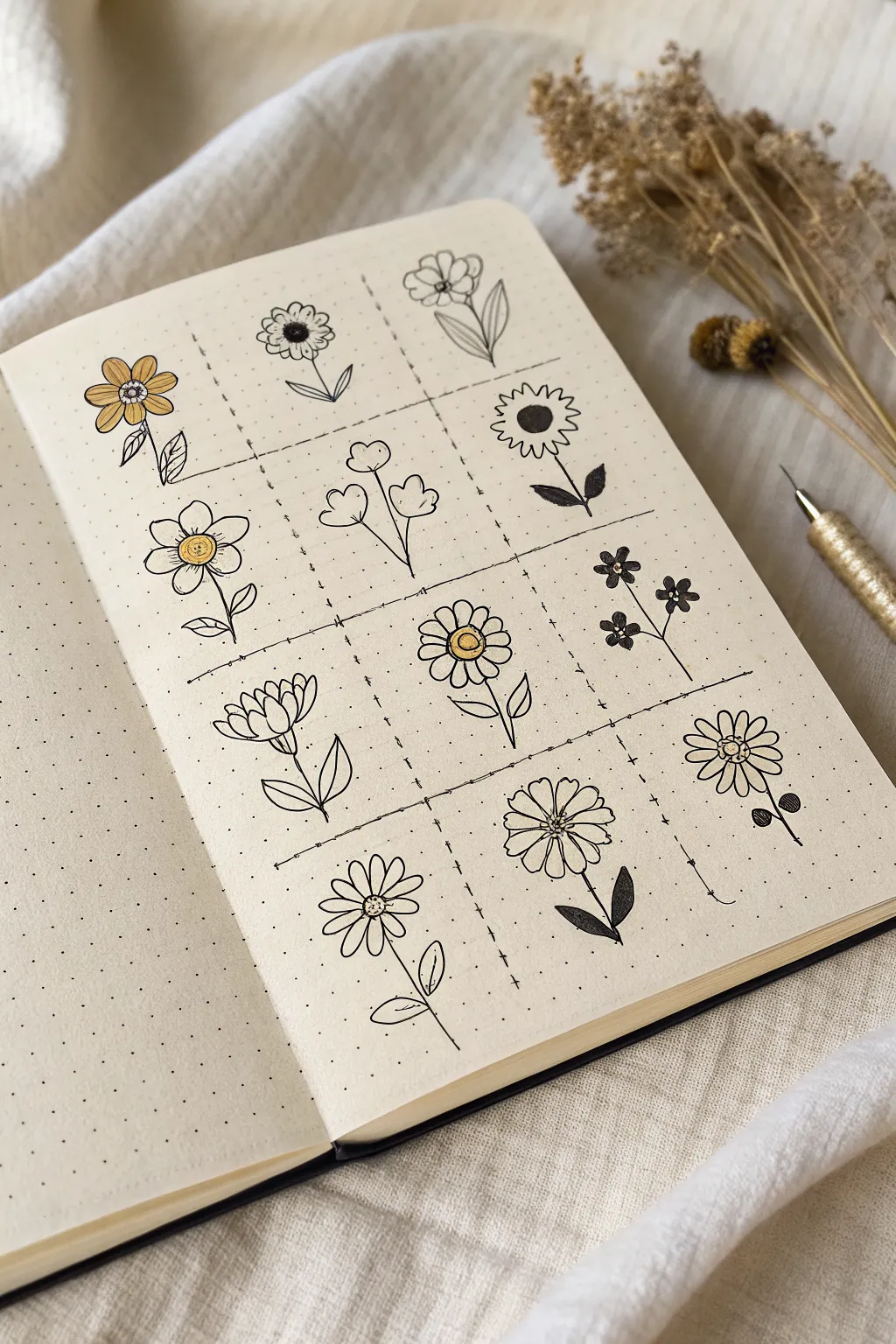 Simple five-petal wildflower icons in a clean grid, minimalist and easy to recreate