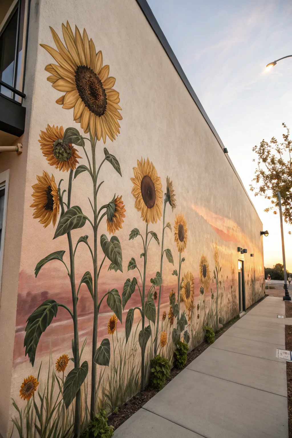 Tall sunflower mural against a warm sunset wash, minimalist and cozy for instant cheerful vibes.