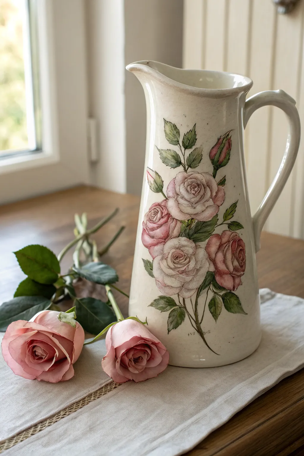 Minimalist pitcher with hand-painted rose cluster, soft boho tones and natural light