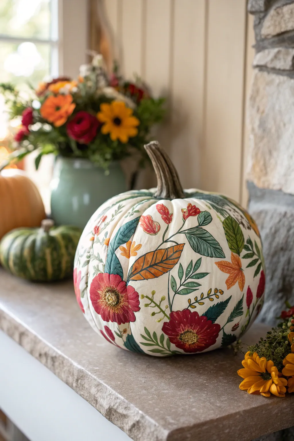 Maximalist floral pumpkin, fully covered in botanicals for a bold yet cozy autumn accent.