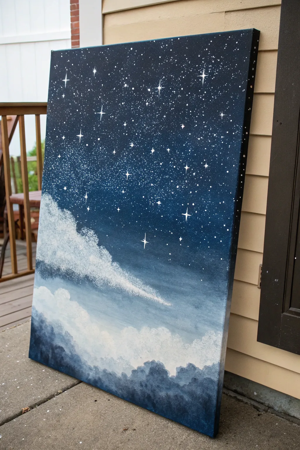 Night sky splatter on foam board, minimalist cosmic art with a soft galaxy glow