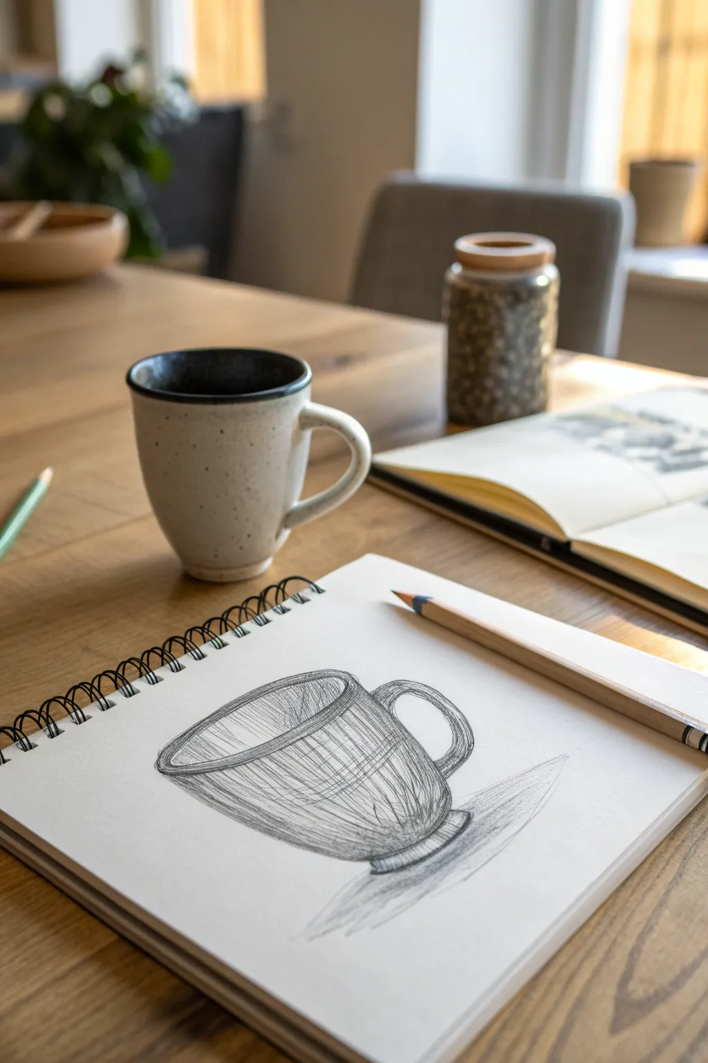 One object, zero clutter: a crisp mug sketch in focus against softly smudged minimal calm.