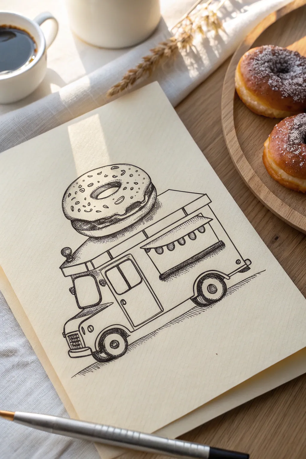 Minimalist food truck sketch with oversized roof donut topper, crisp lines and cozy boho vibe