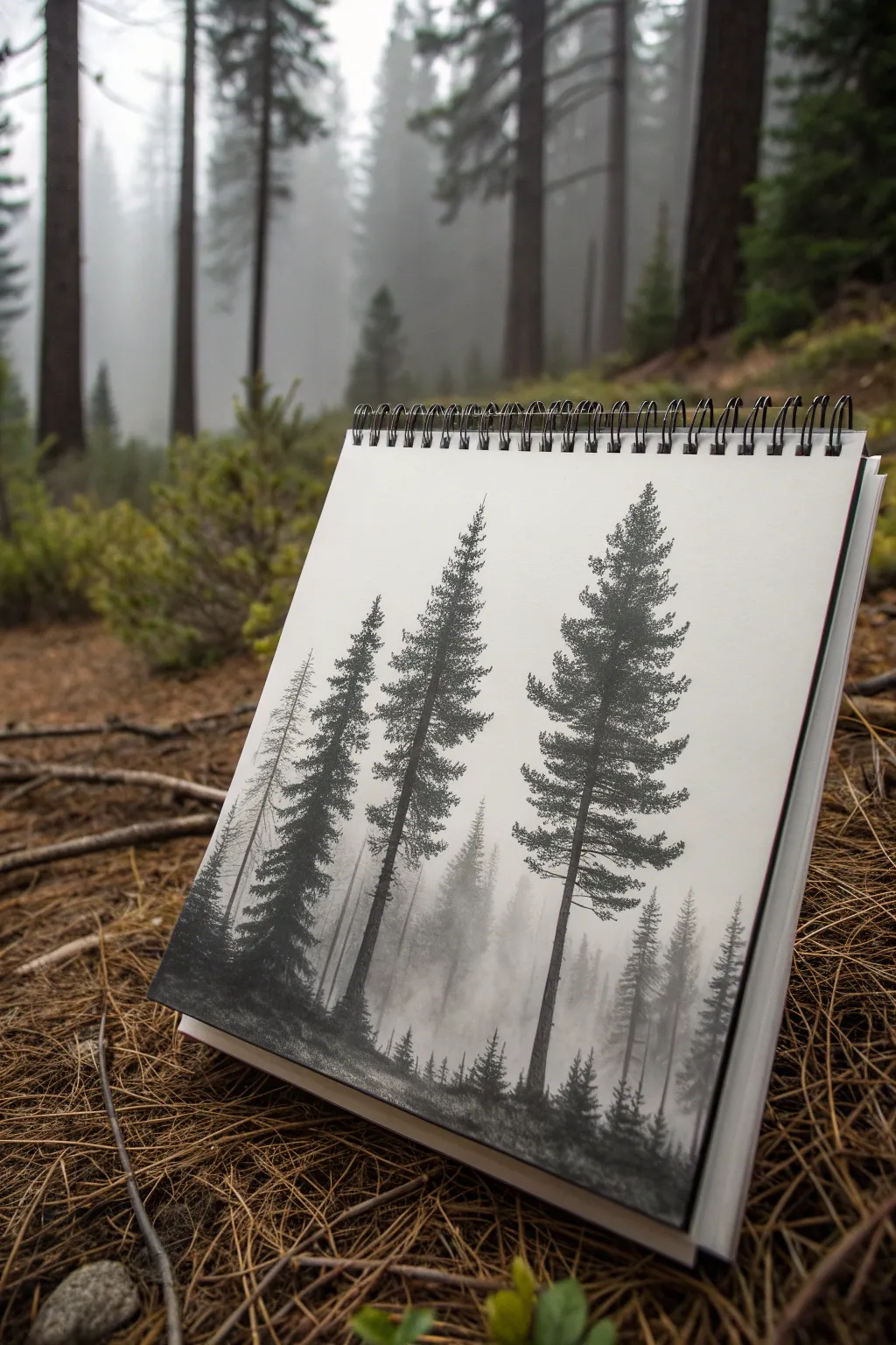 Misty forest layers on crisp paper, dark pines melting into soft fog for serene depth.