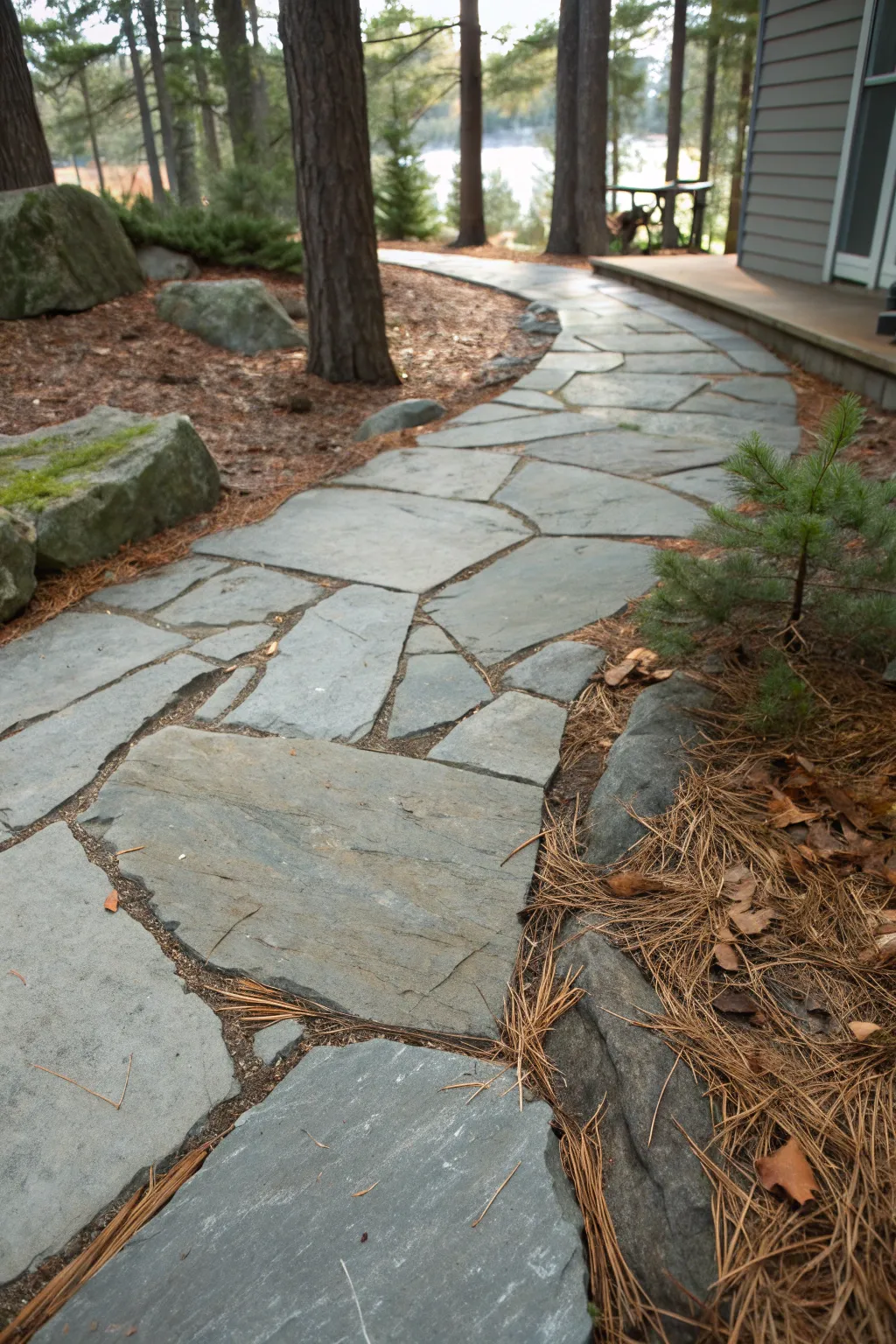 Irregular flagstone patio blending into leaf litter and roots, calm Scandinavian boho forest edge.