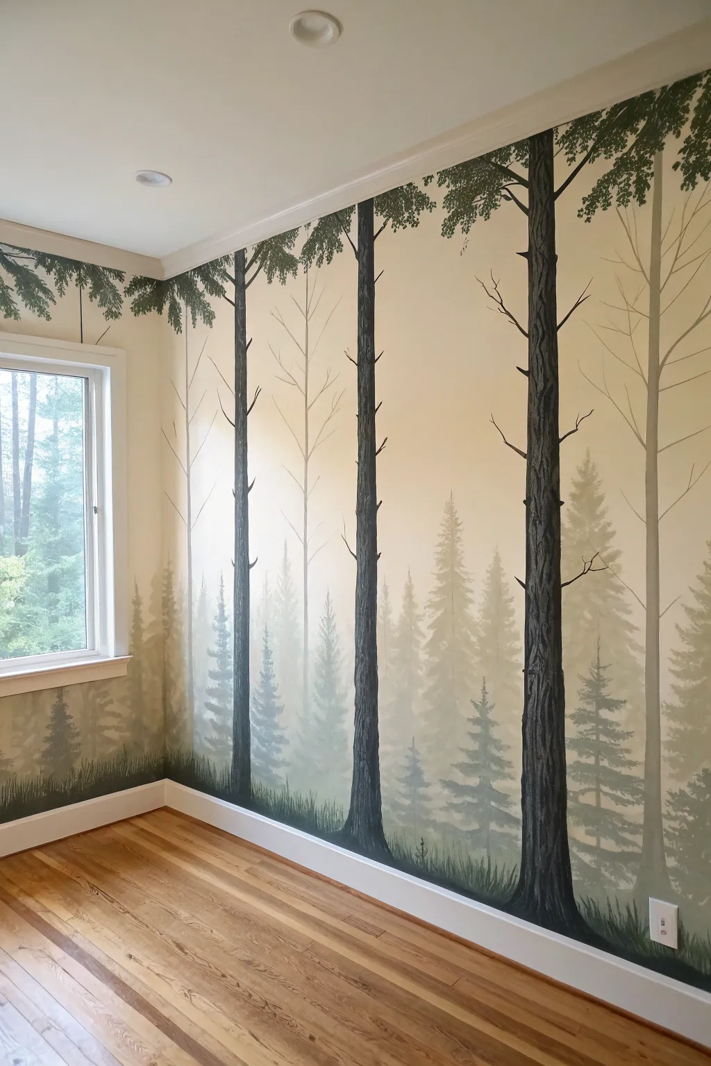 Corner-wrap forest mural with simple tree trunks for a calm, immersive woodland wall.