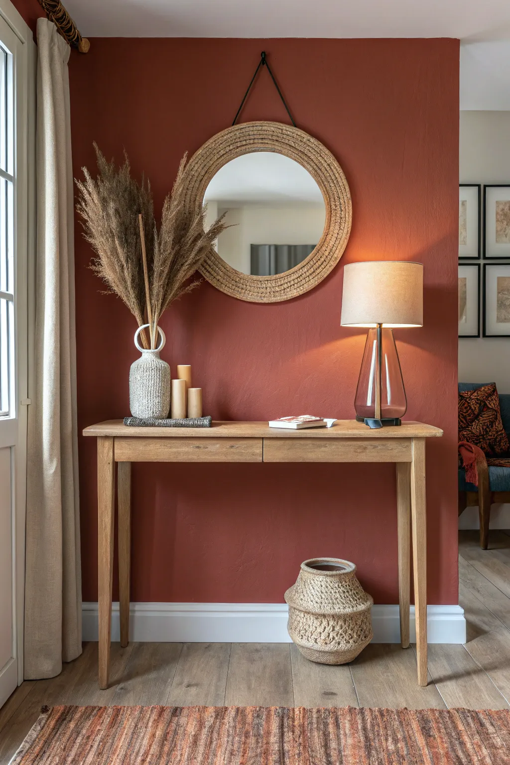 Bold accent wall behind a simple console, softened by warm lamp glow for evening mood