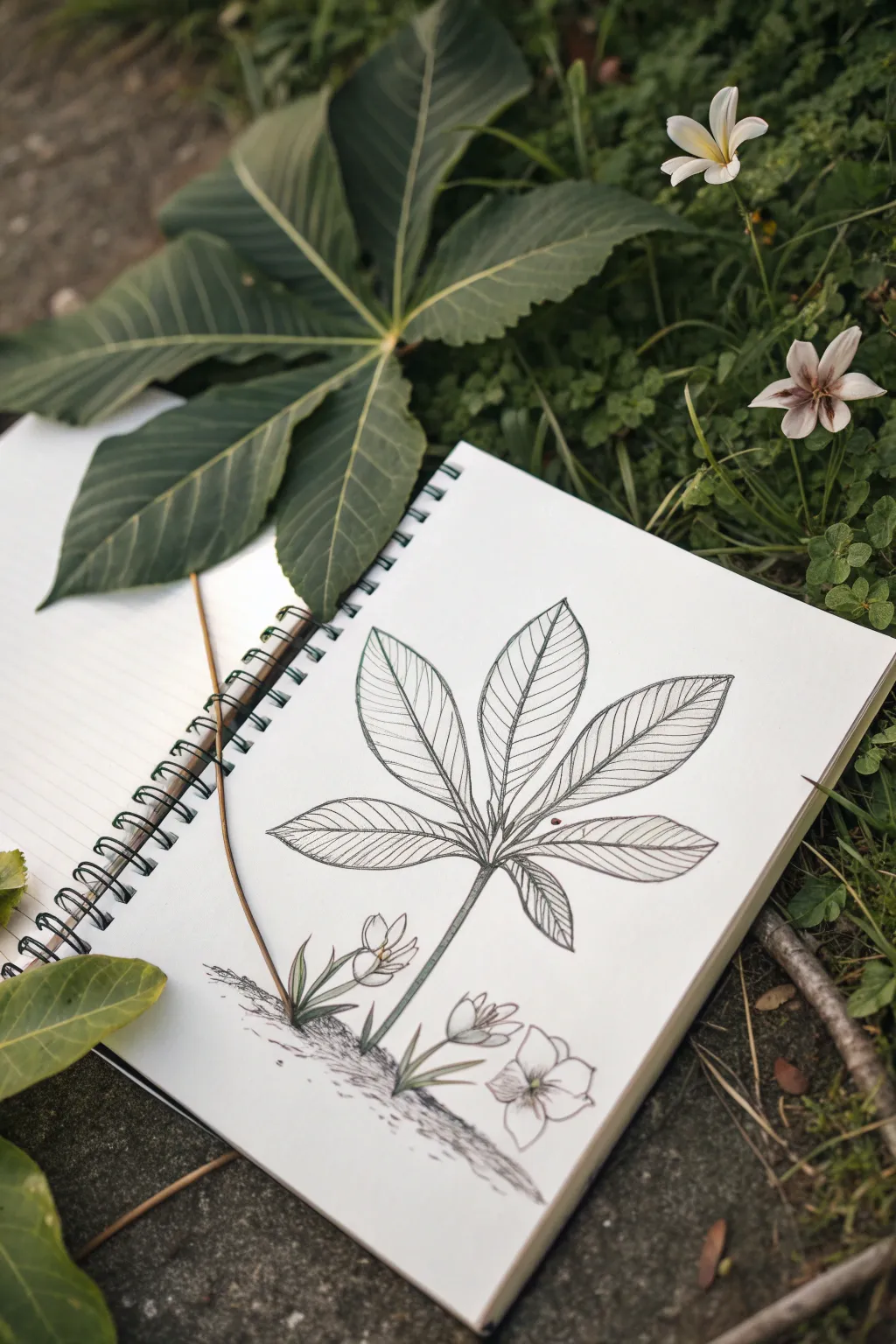 Leaf and bloom study: minimalist botanical linework with a small inset detail for vein control