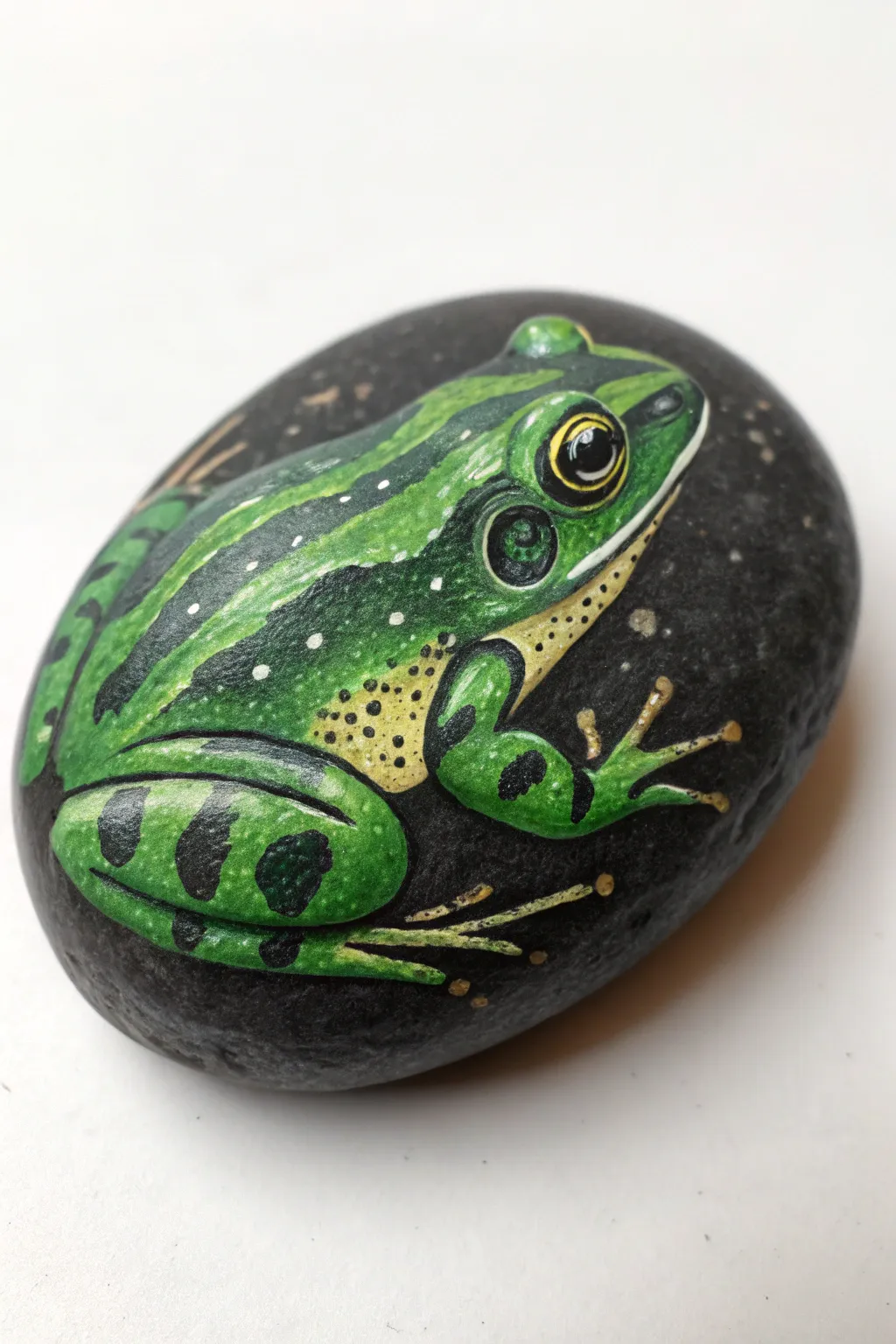 3D crouching frog rock with crisp highlights and deep belly shadow on dark minimalist backdrop