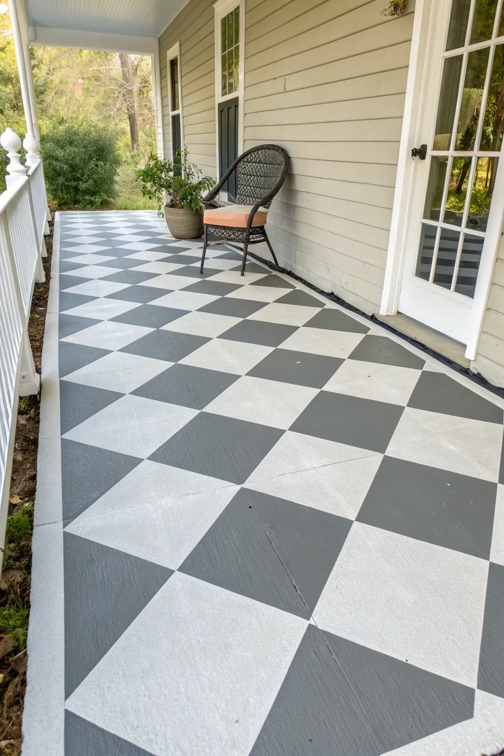 Harlequin diamond porch paint idea: crisp contrast on concrete with a soft boho touch