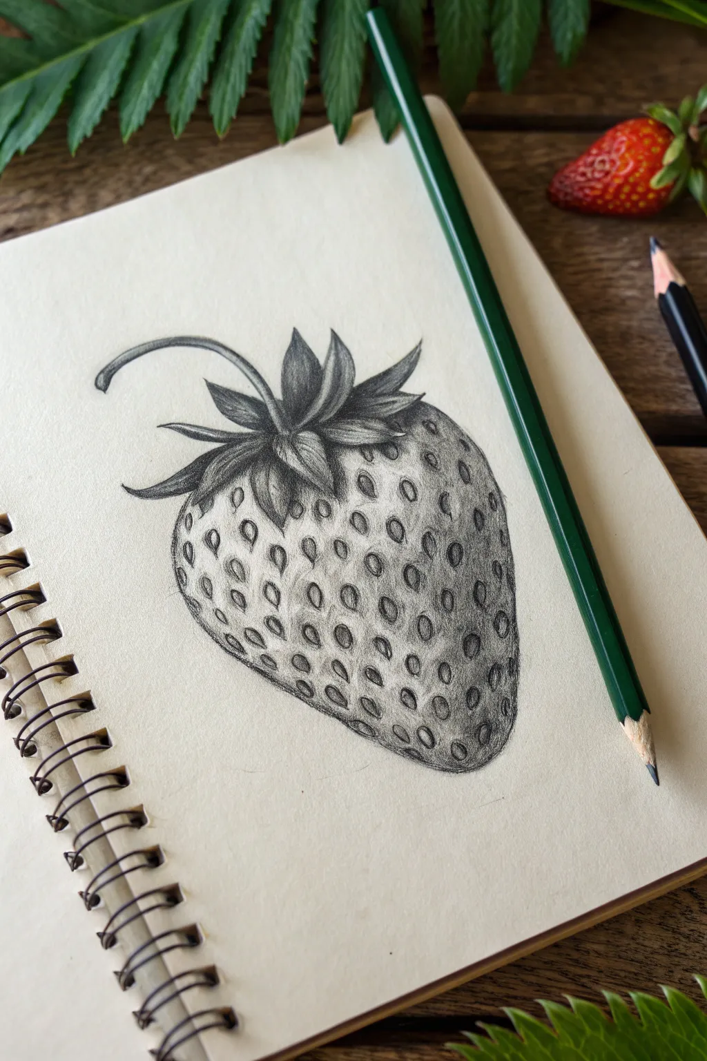 Practice strawberry seed texture with tiny dimples, soft shading, and crisp leafy edges.