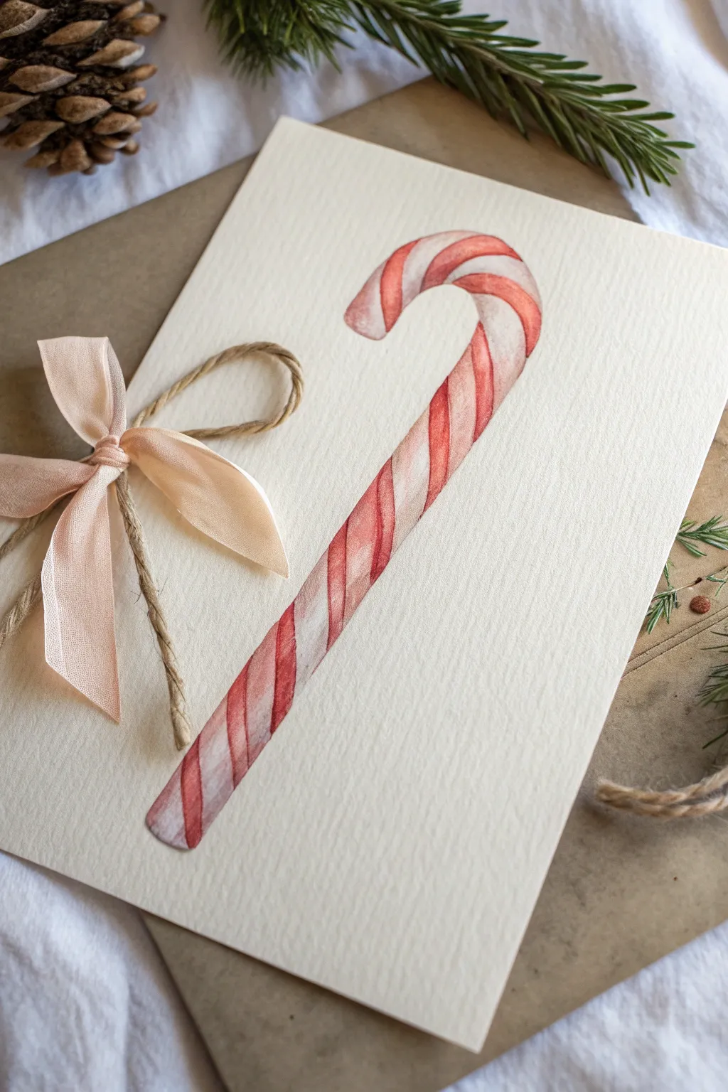 Simple candy cane with a linen bow, perfect for cozy Scandinavian Christmas sketching.