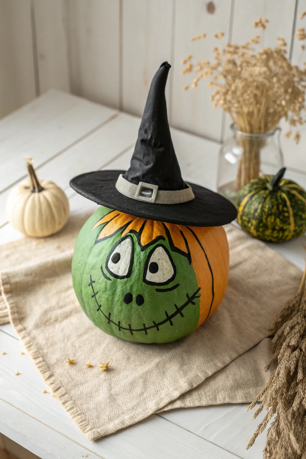 Witchy pumpkin with a painted black hat band in a minimalist, boho-inspired Halloween setup